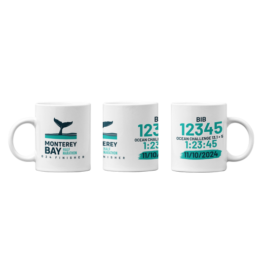 2024 Monterey Bay Half Marathon Finisher Mug with Personalized Bib and Time