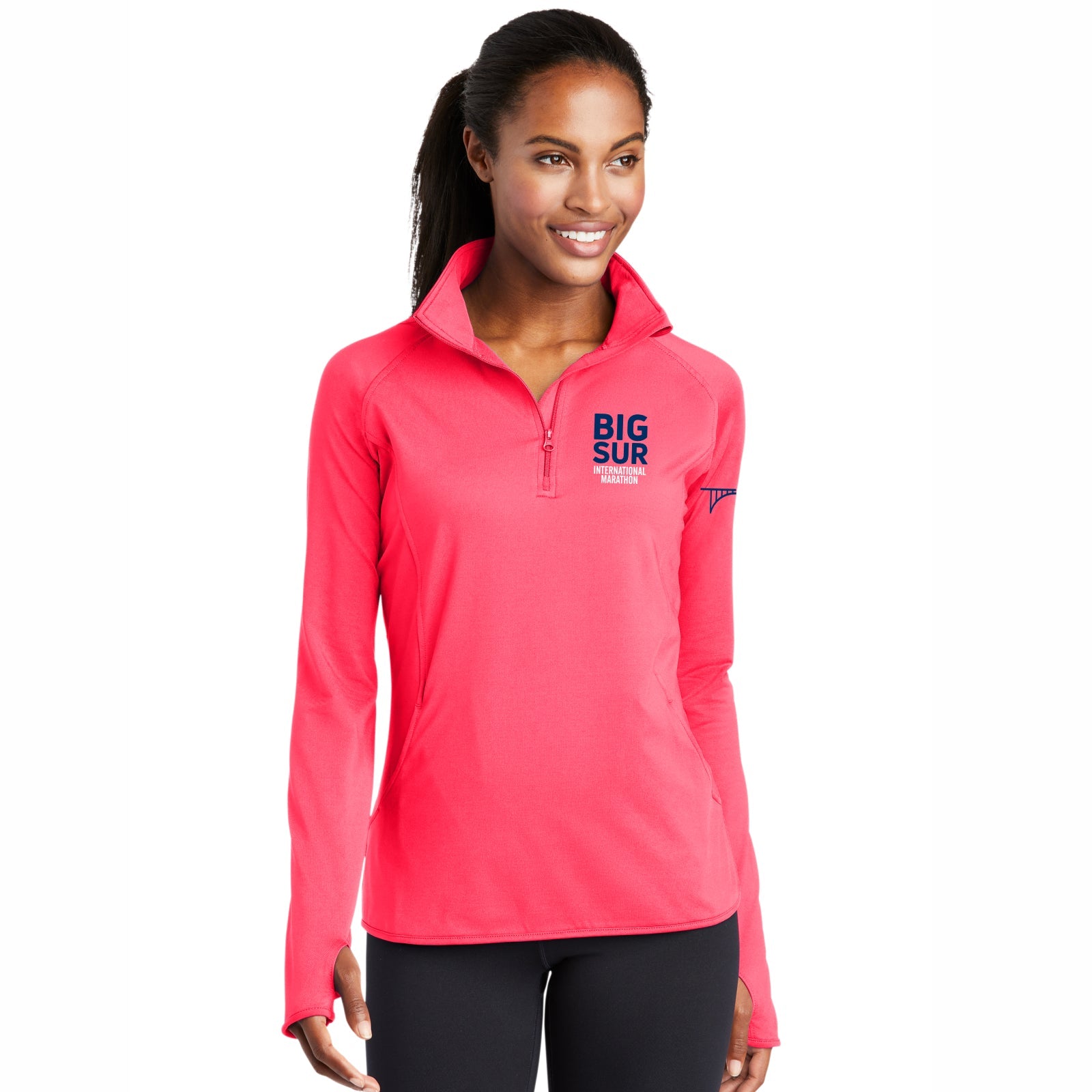 BSIM Women's Pocket 1/4 Zip -Hot Coral- Embroidery