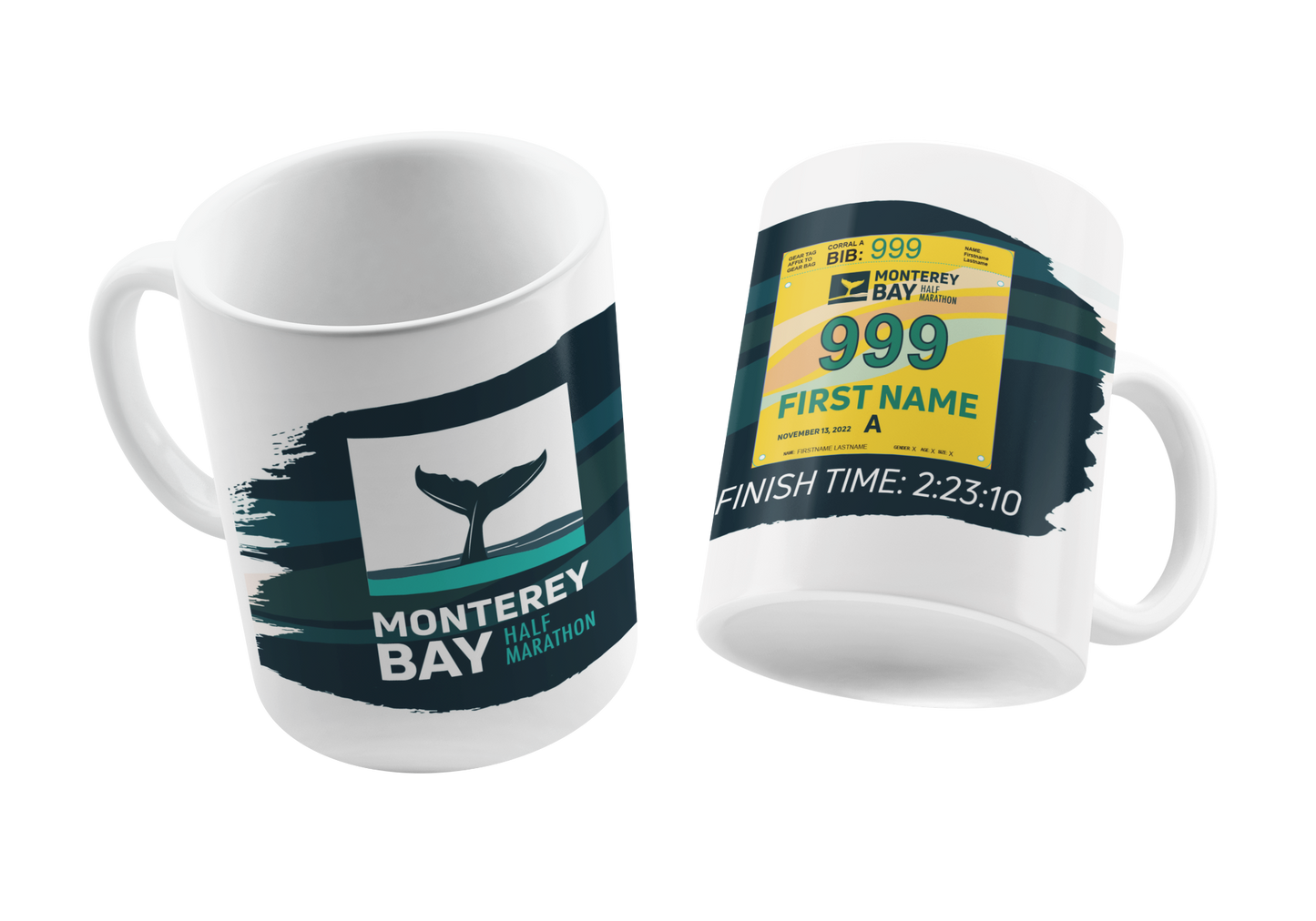 2022 Monterey Bay Half Marathon Finisher Mug with Personalized Bib and Time